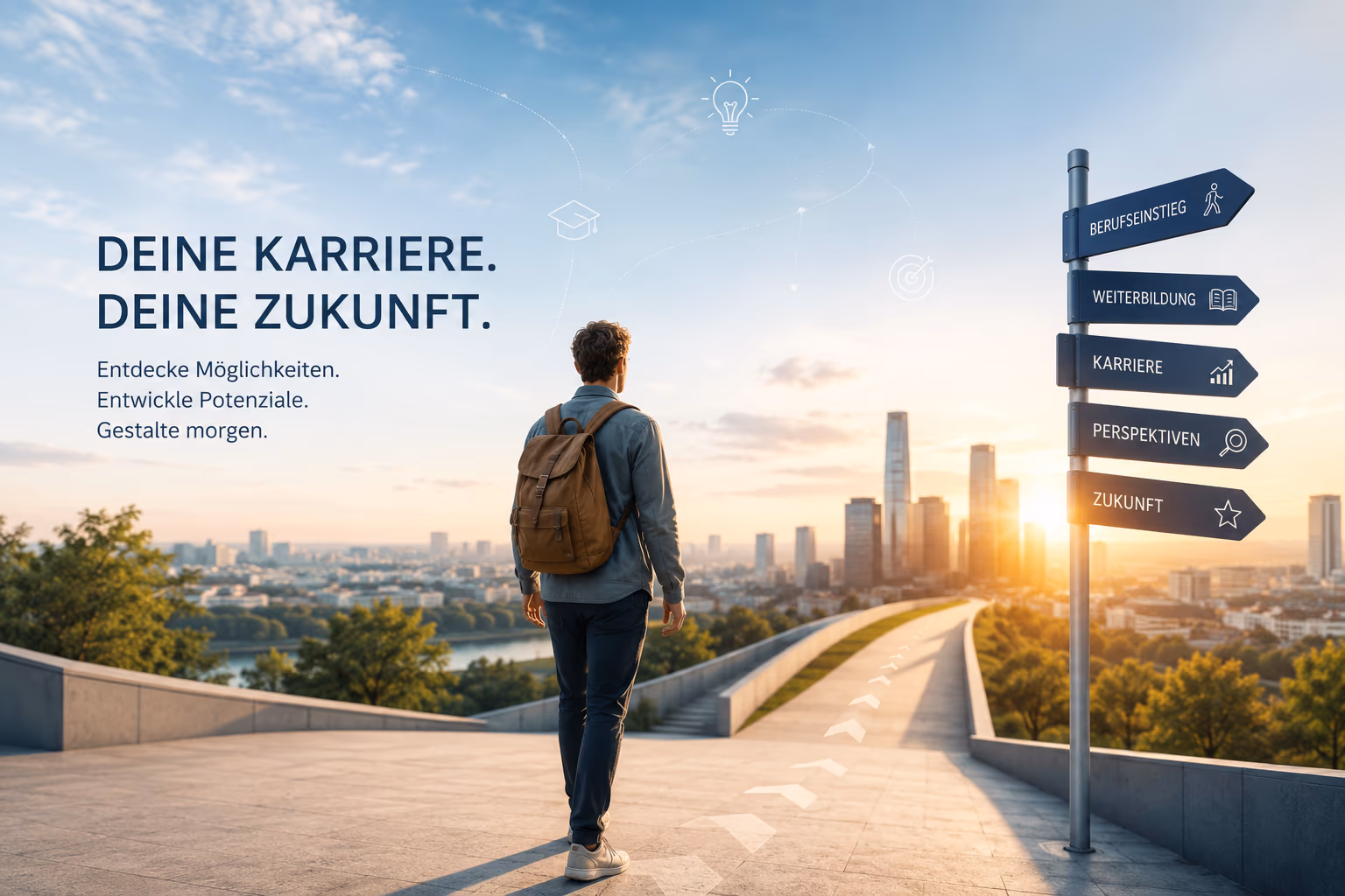 Deine Karriere. Deine Zukunft. — Person mit Rucksack blickt auf eine Skyline, ein Wegweiser zeigt Richtung Berufseinstieg, Weiterbildung, Karriere, Perspektiven und Zukunft