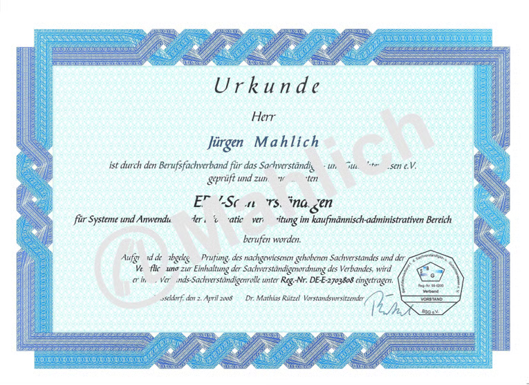 Urkunde EDV-Sachverständiger, Reg.-Nr. DE-E-2703808
