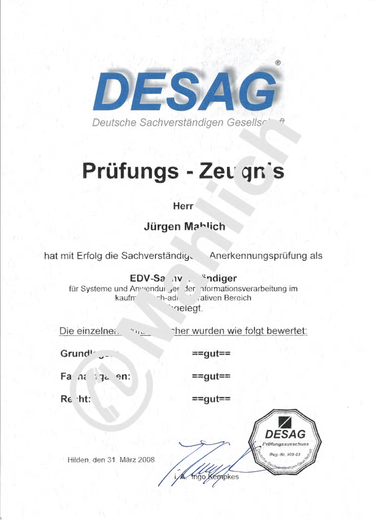 DESAG Prüfungs-Zeugnis EDV-Sachverständiger