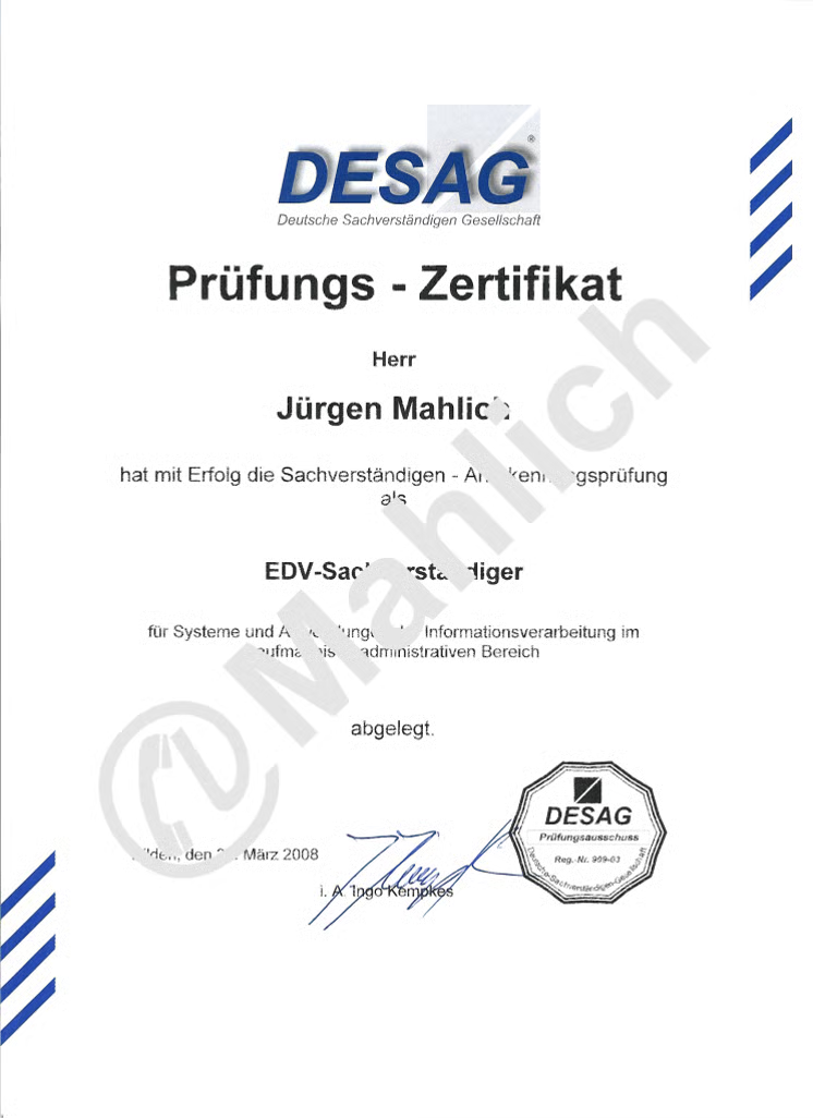 DESAG Prüfungs-Zertifikat EDV-Sachverständiger