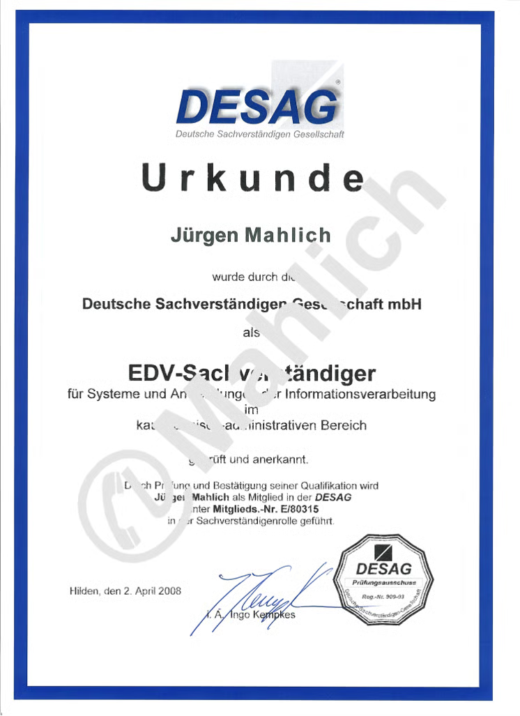 DESAG Urkunde, Mitgliedsnummer E/80315